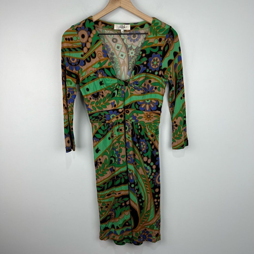 Tibi New York Green Pattern Silk Blend 3/4 Sleeve Dress